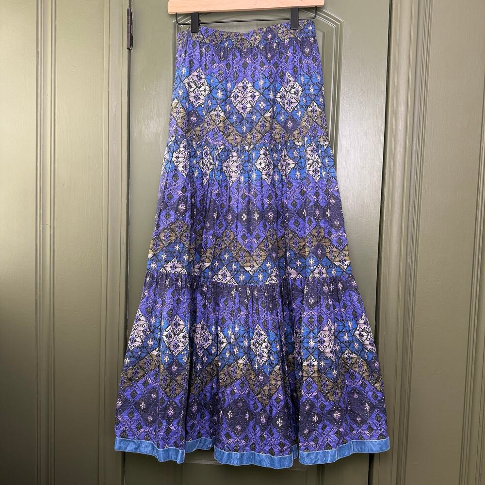NWT Ro's Garden Frilly Midi Boho Folk Hippie Gypsy Skirt Lachen Blue Purple XS - Picture 4 of 5